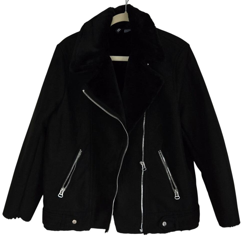 Edgy Biker Sleek Black Faux Suede Moto Chic Jacket Faux Shearling Collar Size 8